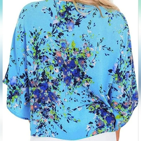 Women Blouse Womens Loose V Neck Floral Print Front Knot Bandage T-Shirt Tops - Picture 2 of 6